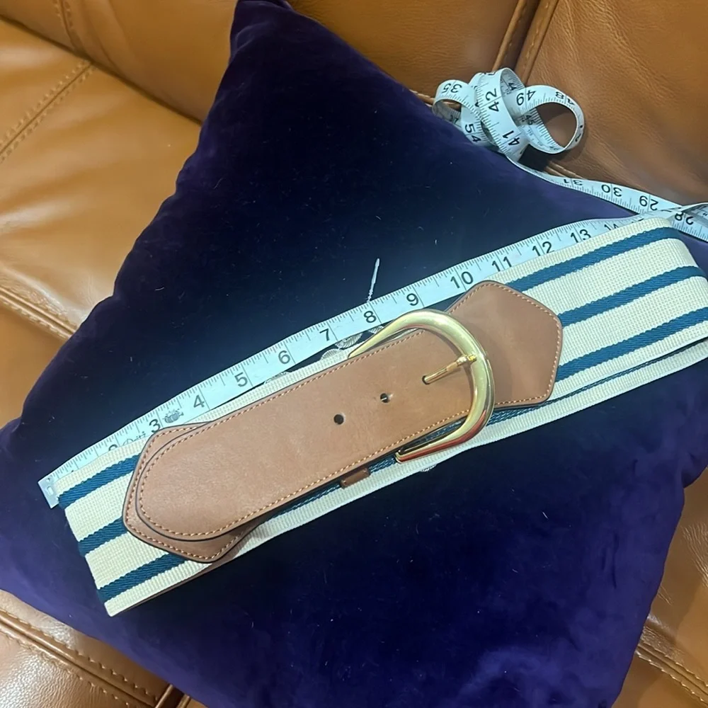 Ralph Lauren Navy and White Striped Elastic Belt with Tan Leather